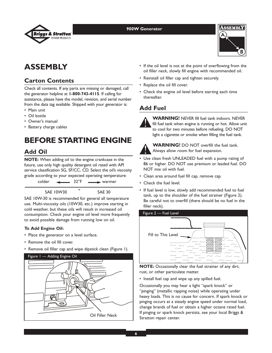 Assembly, Before starting engine, Carton contents | Add oil, Add fuel | Briggs & Stratton 01532-2 User Manual | Page 6 / 60