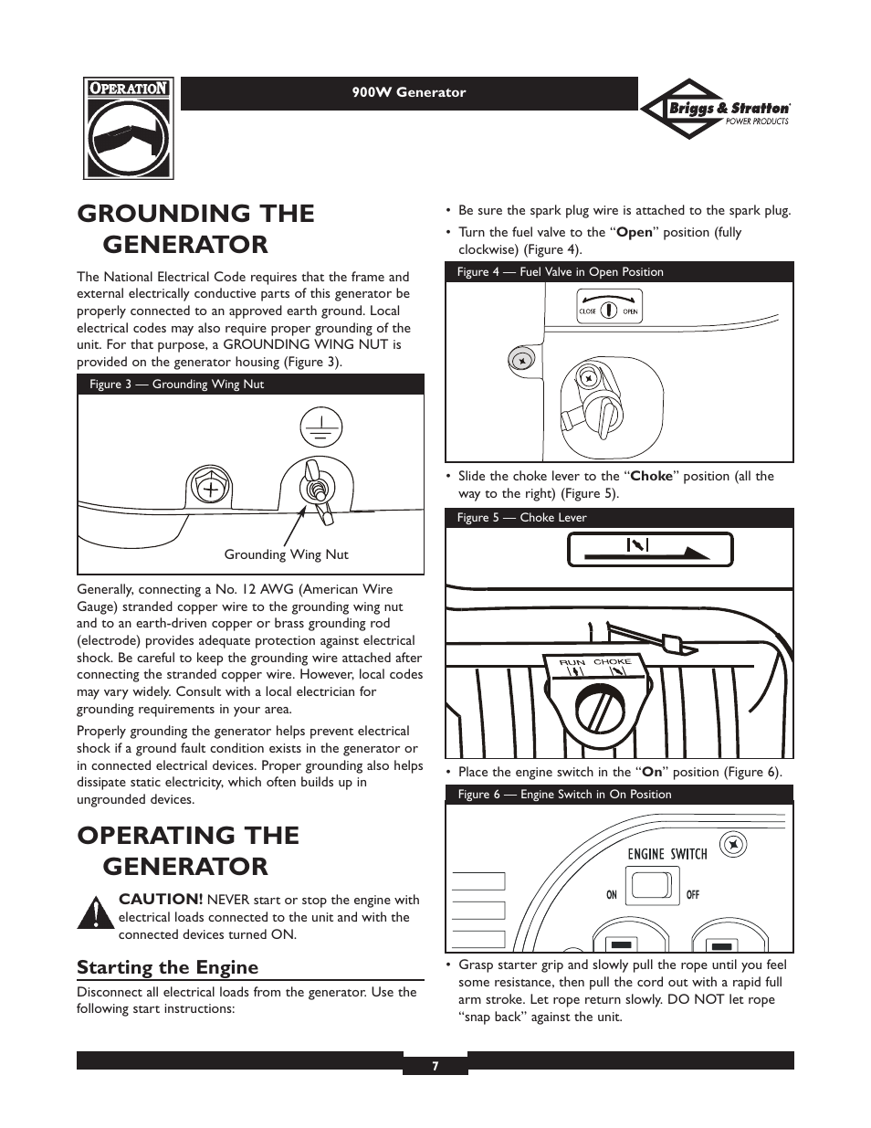 Grounding the generator, Operating the generator, Starting the engine | Briggs & Stratton 01532-2 User Manual | Page 7 / 60