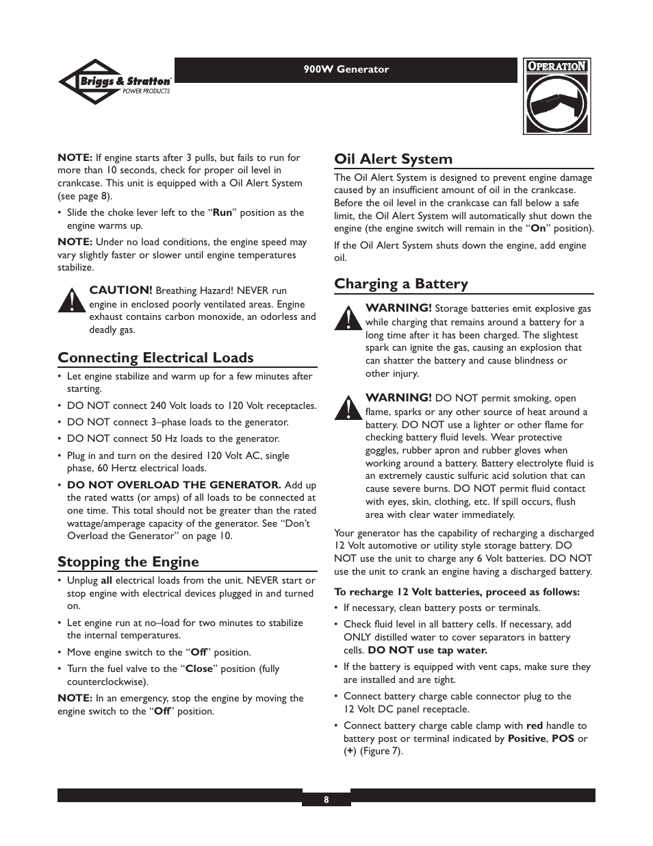 Connecting electrical loads, Stopping the engine, Oil alert system | Charging a battery | Briggs & Stratton 01532-2 User Manual | Page 8 / 60