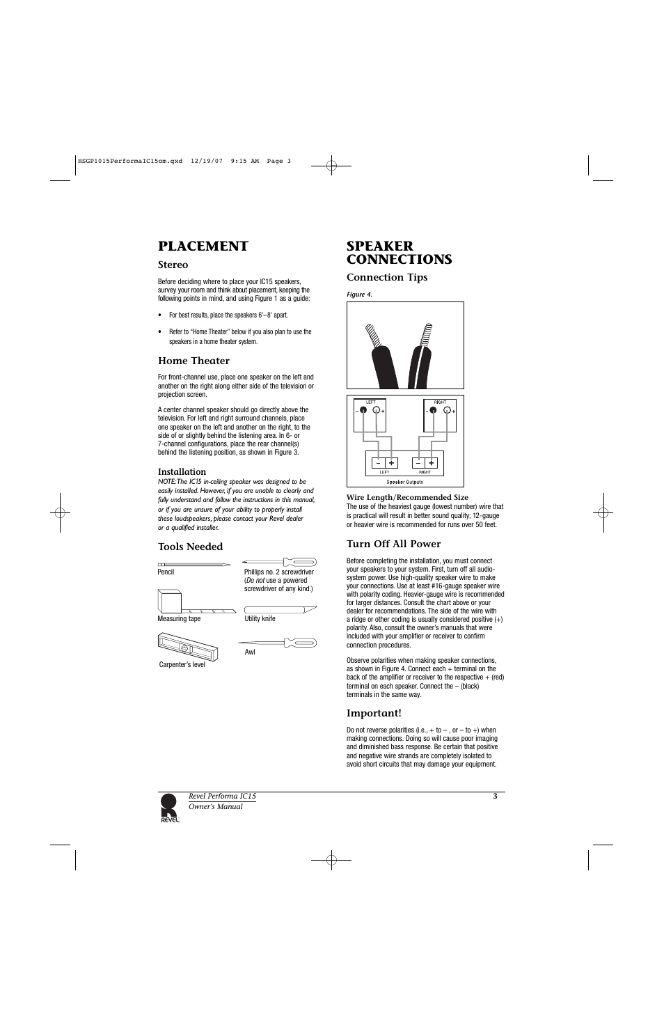 Placement, Speaker connections | Revel IC15 User Manual | Page 3 / 8