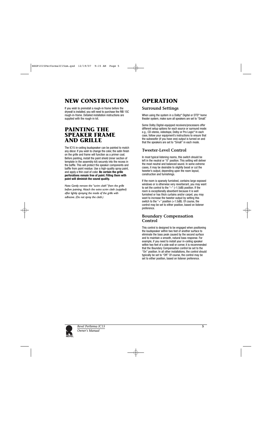 New construction, Painting the speaker frame and grille, Operation | Revel IC15 User Manual | Page 5 / 8