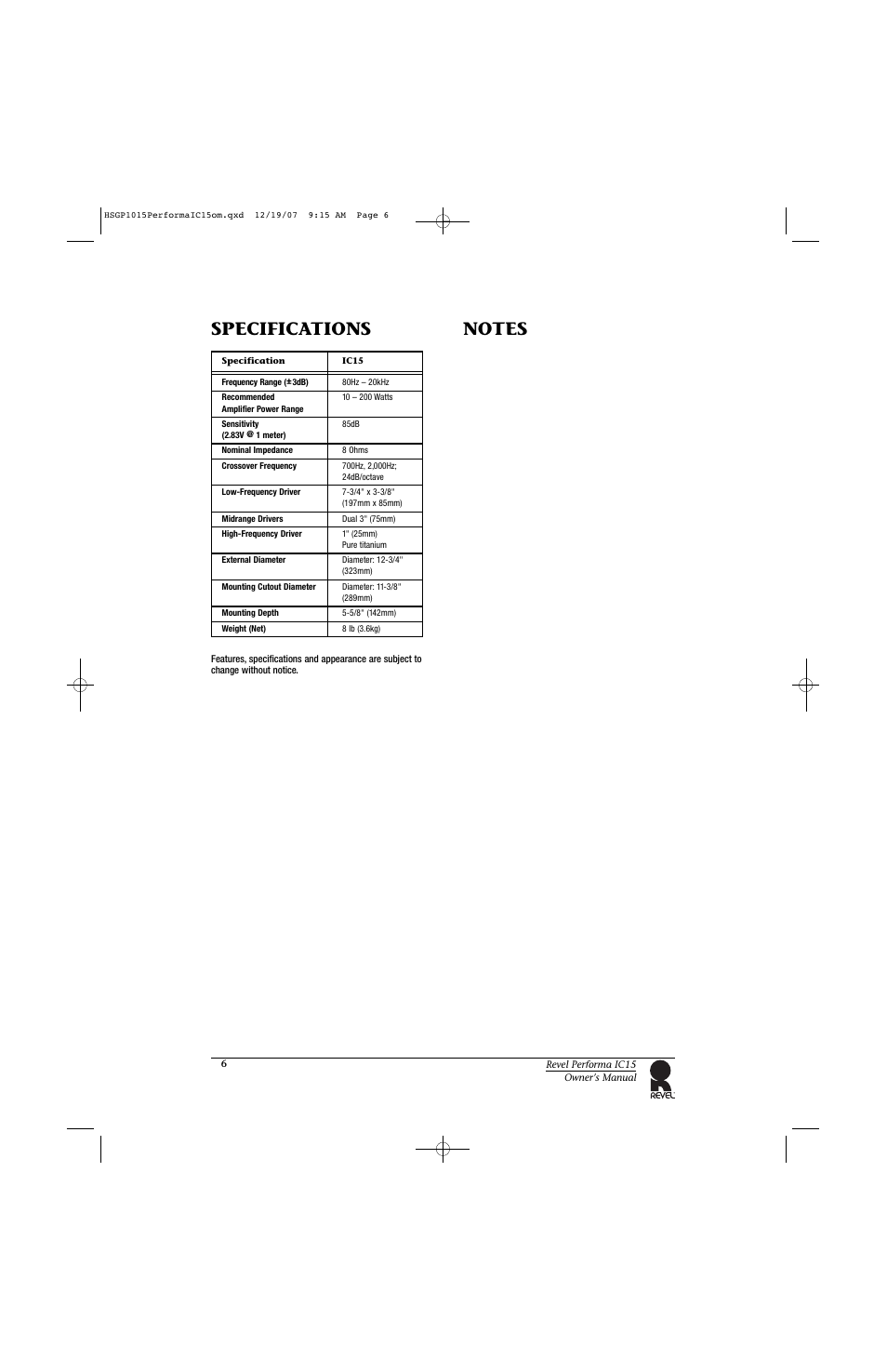 Specifications | Revel IC15 User Manual | Page 6 / 8