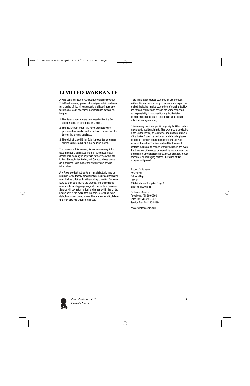 Limited warranty | Revel IC15 User Manual | Page 7 / 8