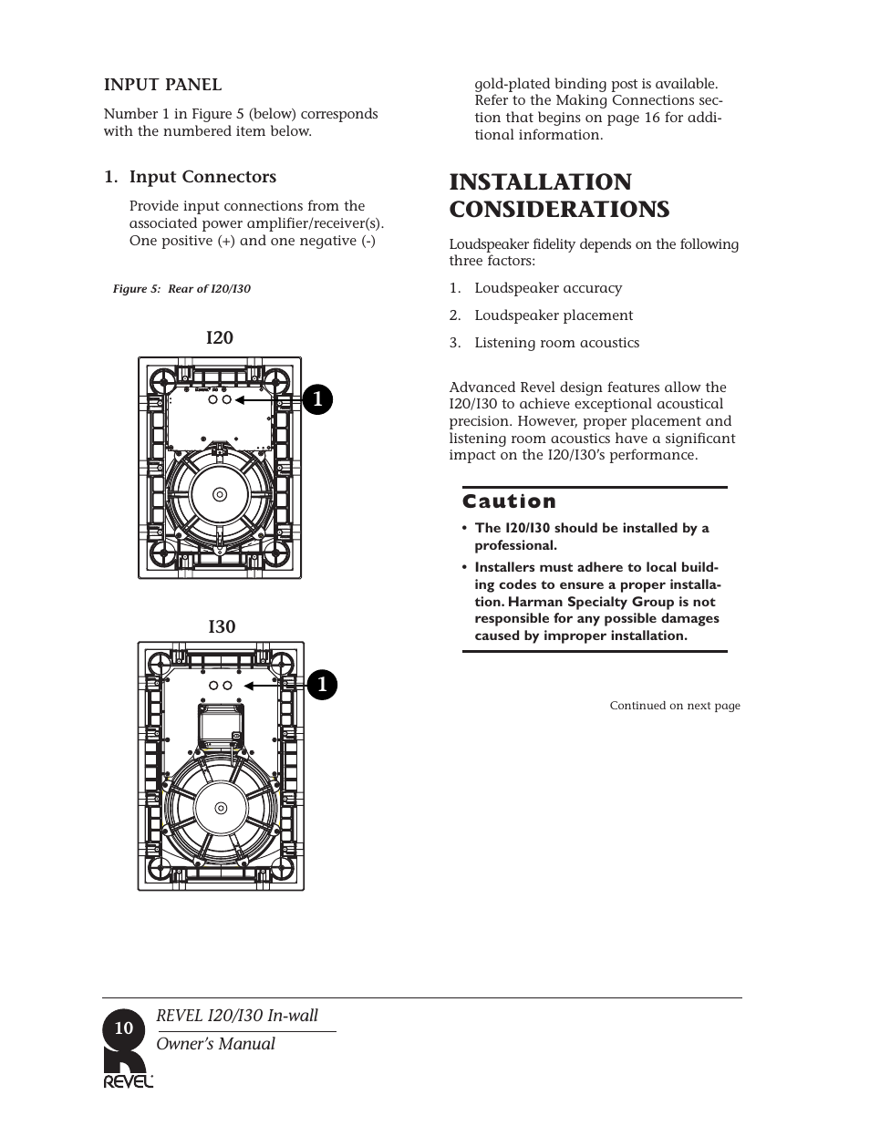 Installation considerations, Caution | Revel I30 User Manual | Page 10 / 28
