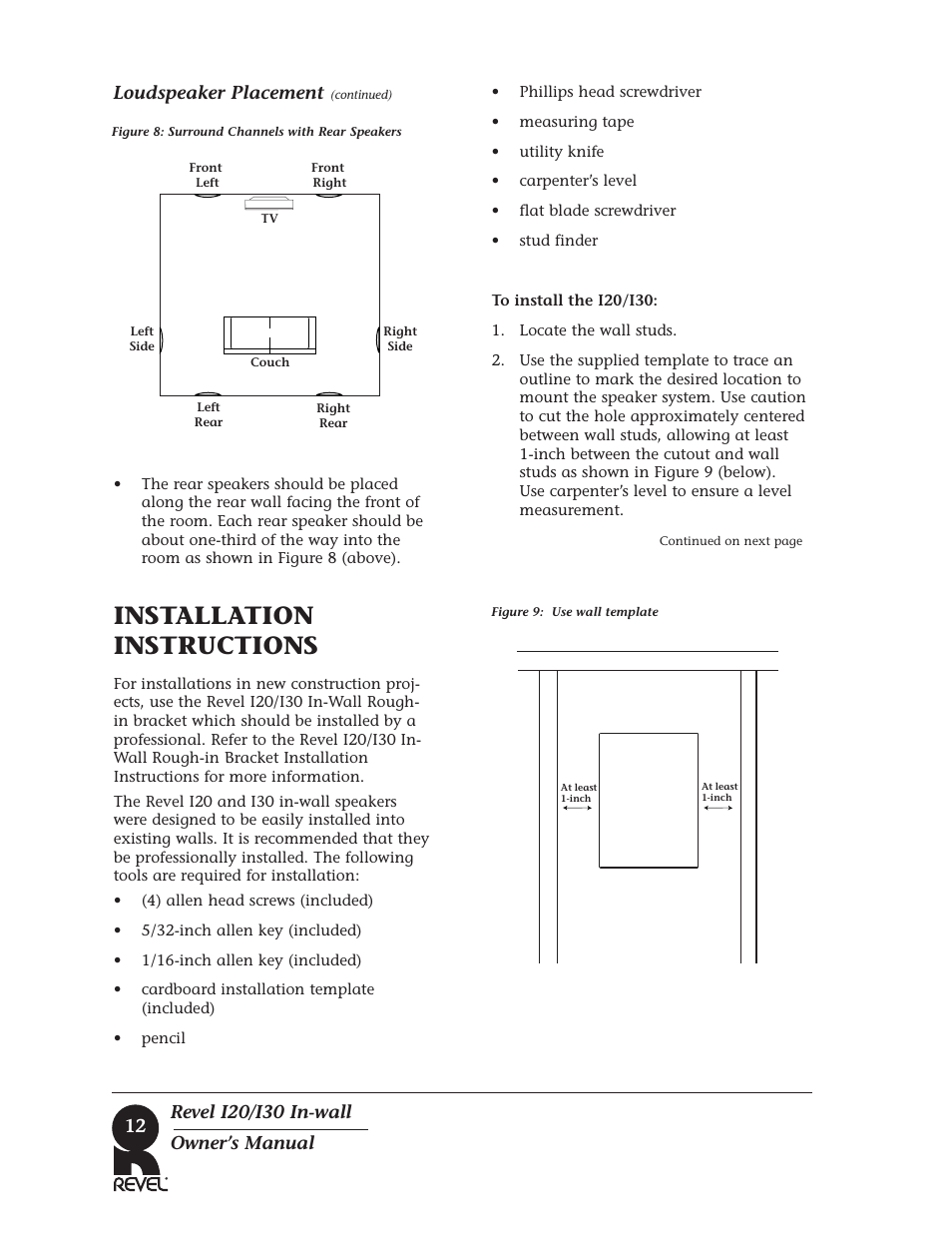 Installation instructions, Revel i20/i30 in-wall owner’s manual, Loudspeaker placement | Revel I30 User Manual | Page 12 / 28