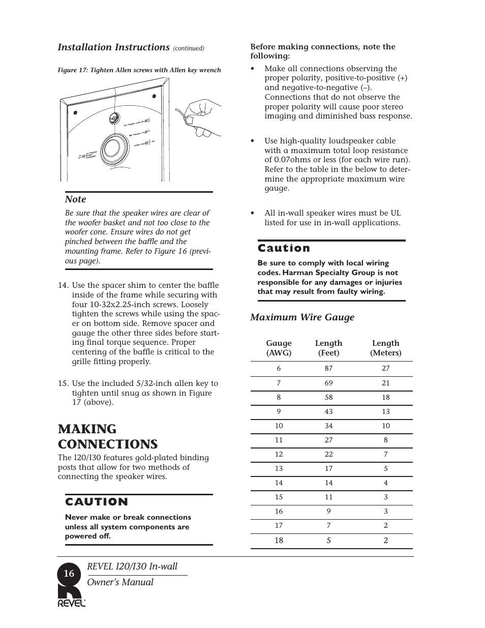 Making connections, Caution | Revel I30 User Manual | Page 16 / 28