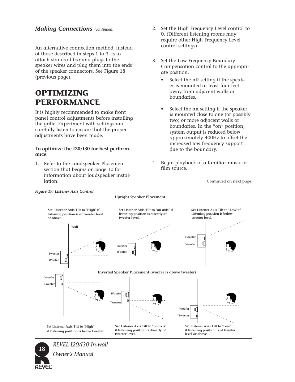 Optimizing performance, 18 making connections, Revel i20/i30 in-wall owner’s manual | Revel I30 User Manual | Page 18 / 28