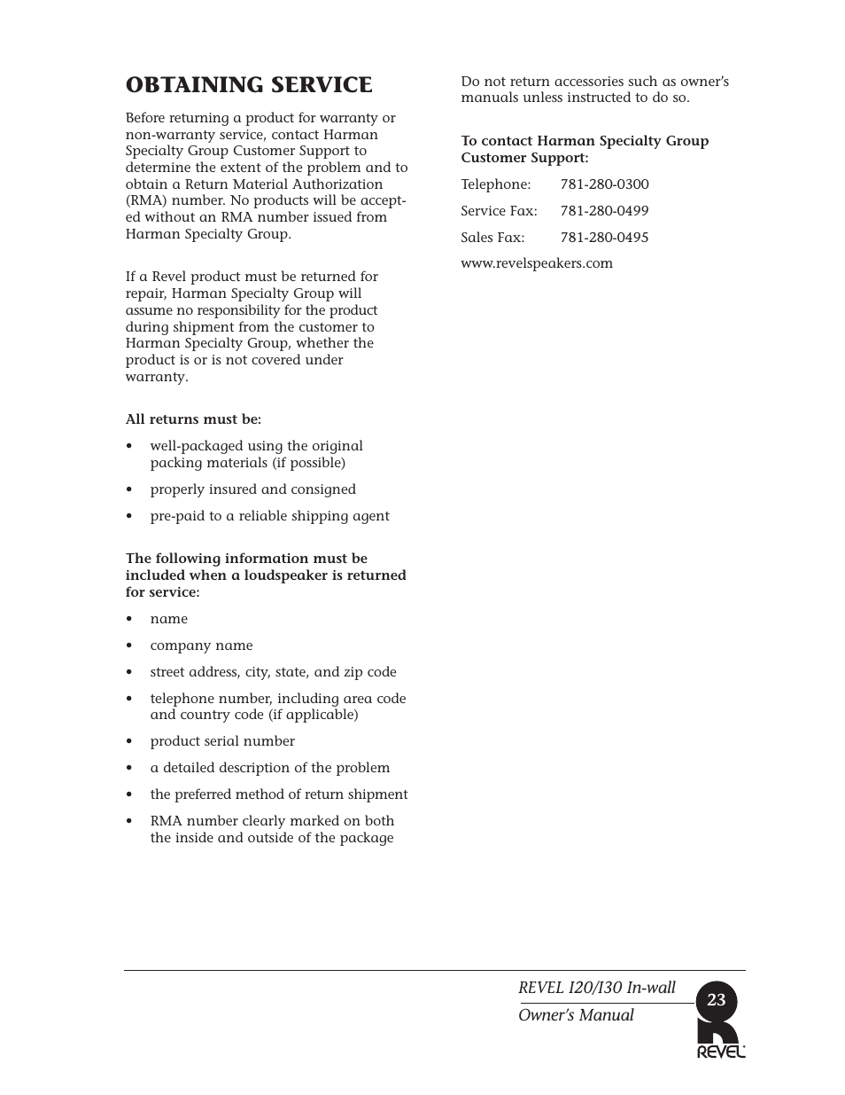 Obtaining service | Revel I30 User Manual | Page 23 / 28