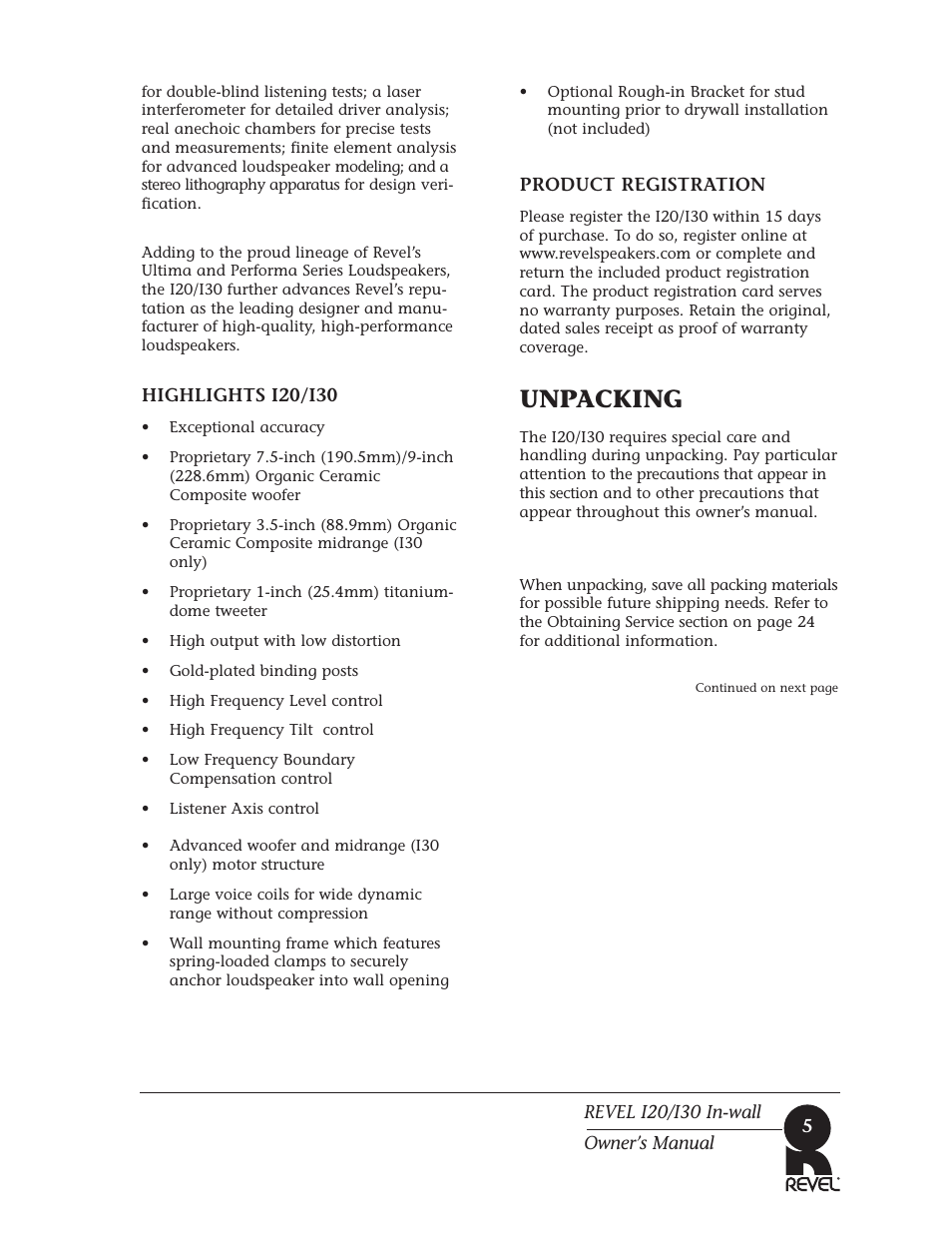 Unpacking | Revel I30 User Manual | Page 5 / 28