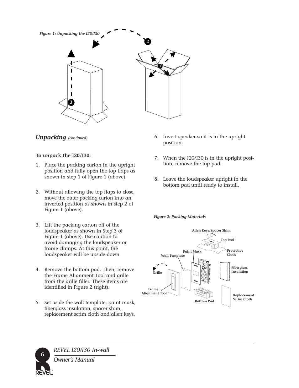 6unpacking, Revel i20/i30 in-wall owner’s manual | Revel I30 User Manual | Page 6 / 28