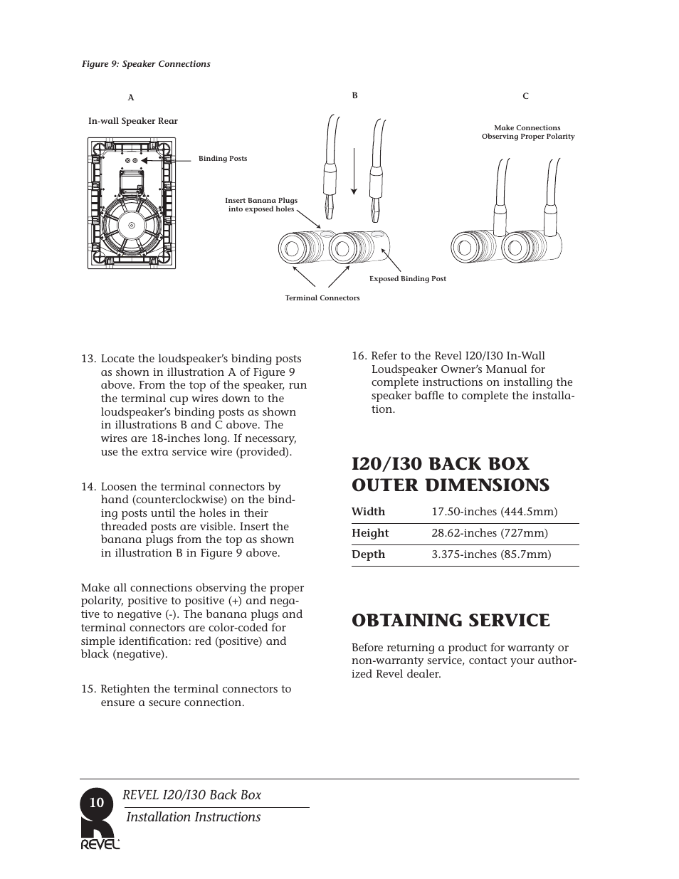 I20/i30 back box outer dimensions, Obtaining service | Revel I30 Back Box User Manual | Page 10 / 12