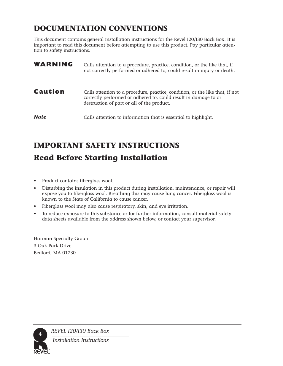 Documentation conventions, Warning, Caution | Revel I30 Back Box User Manual | Page 4 / 12