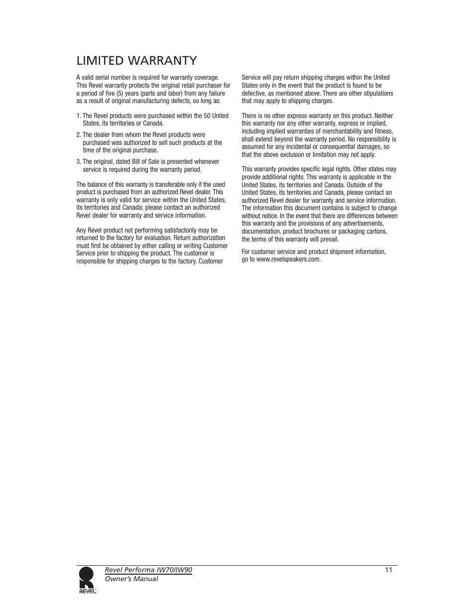 Limited warranty | Revel IW70 User Manual | Page 11 / 12