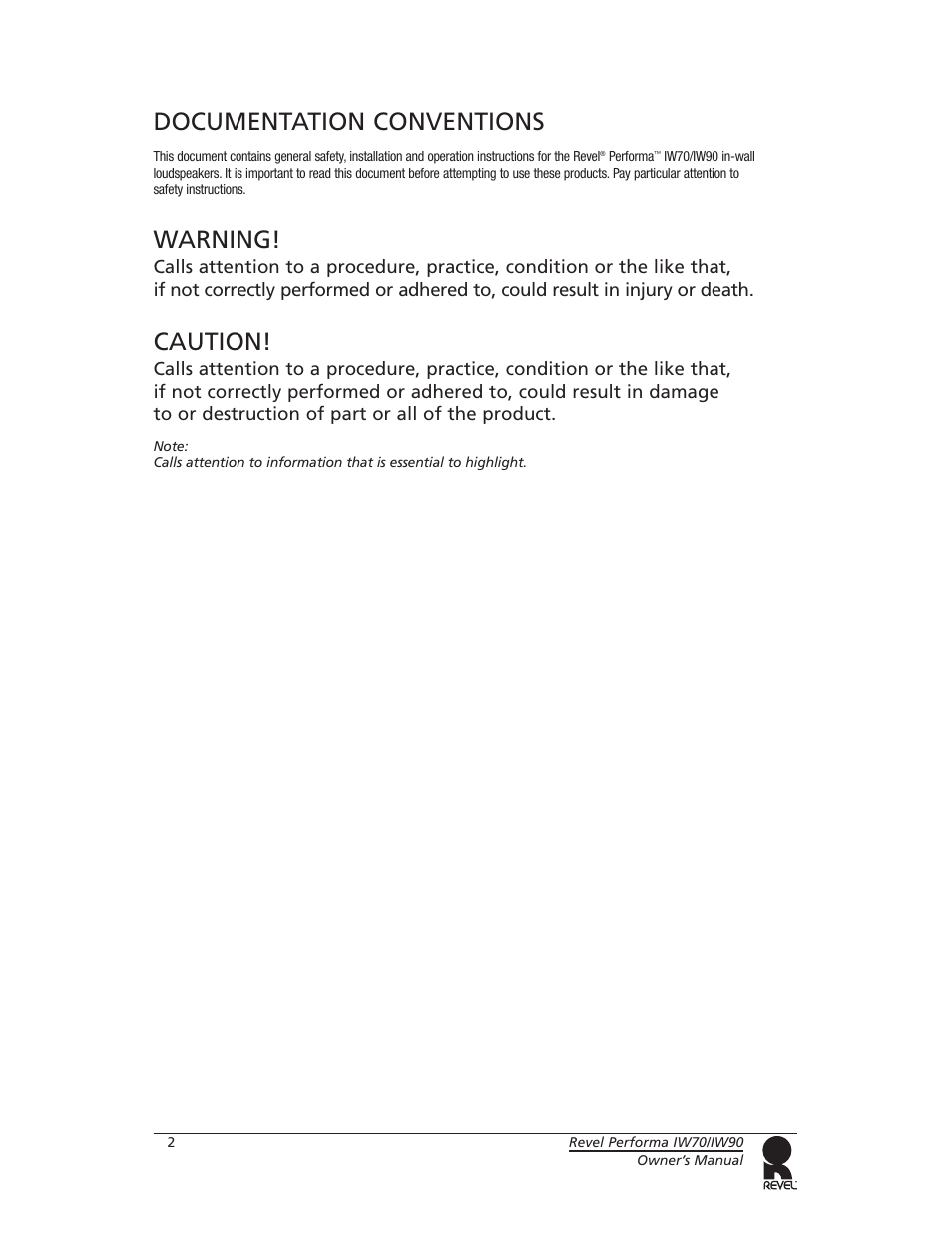 Documentation conventions, Warning, Caution | Revel IW70 User Manual | Page 2 / 12