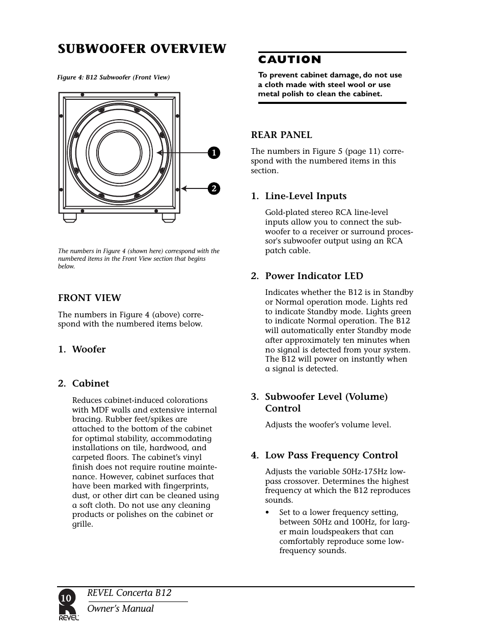 Subwoofer overview, Caution | Revel B12 User Manual | Page 10 / 28