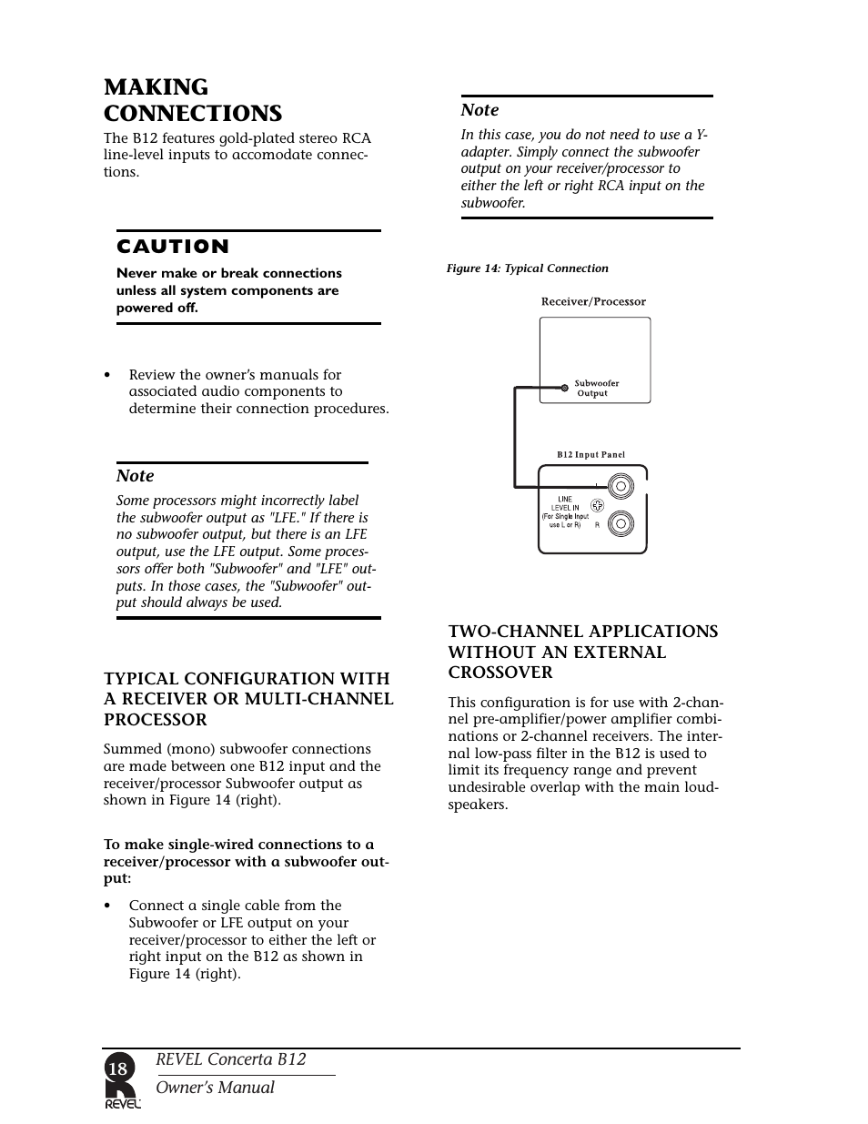 Making connections, Caution | Revel B12 User Manual | Page 18 / 28