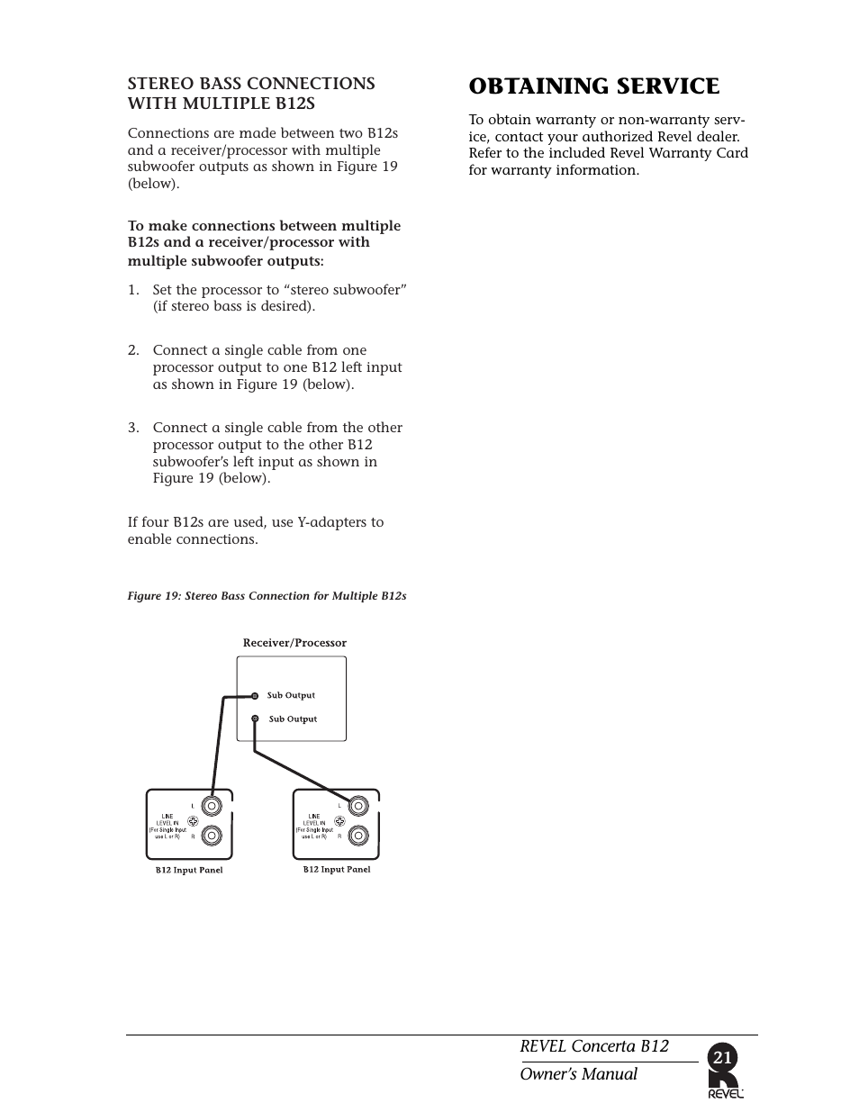 Obtaining service, Stereo bass connections with multiple b12s, Revel concerta b12 owner’s manual | Revel B12 User Manual | Page 21 / 28