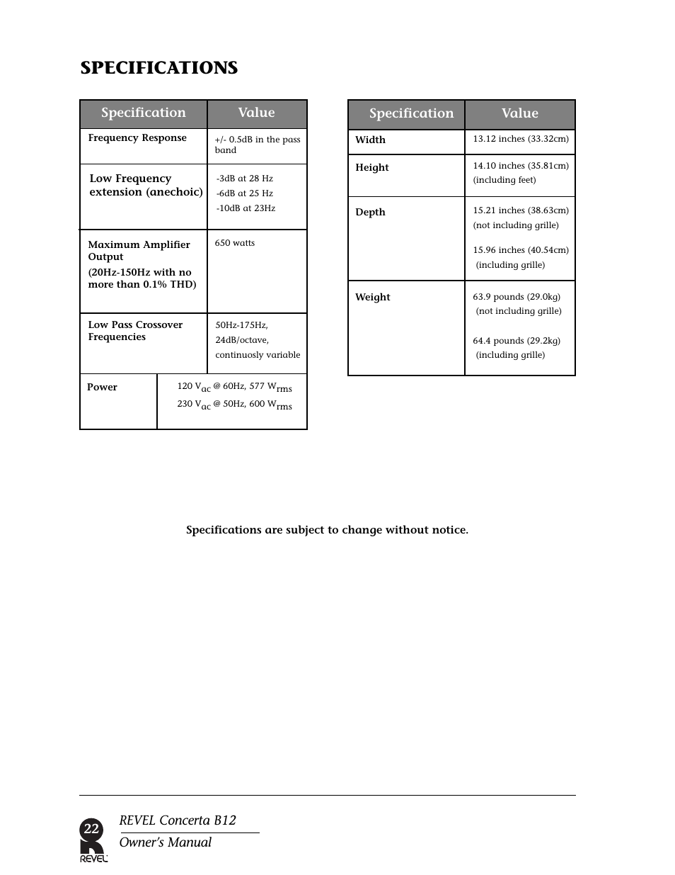Specifications, Value specification value specification 22, Revel concerta b12 owner’s manual | Revel B12 User Manual | Page 22 / 28