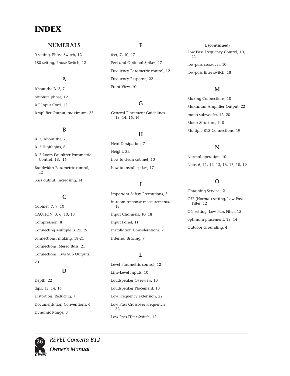 Index, Numerals, Revel concerta b12 owner’s manual | Revel B12 User Manual | Page 26 / 28