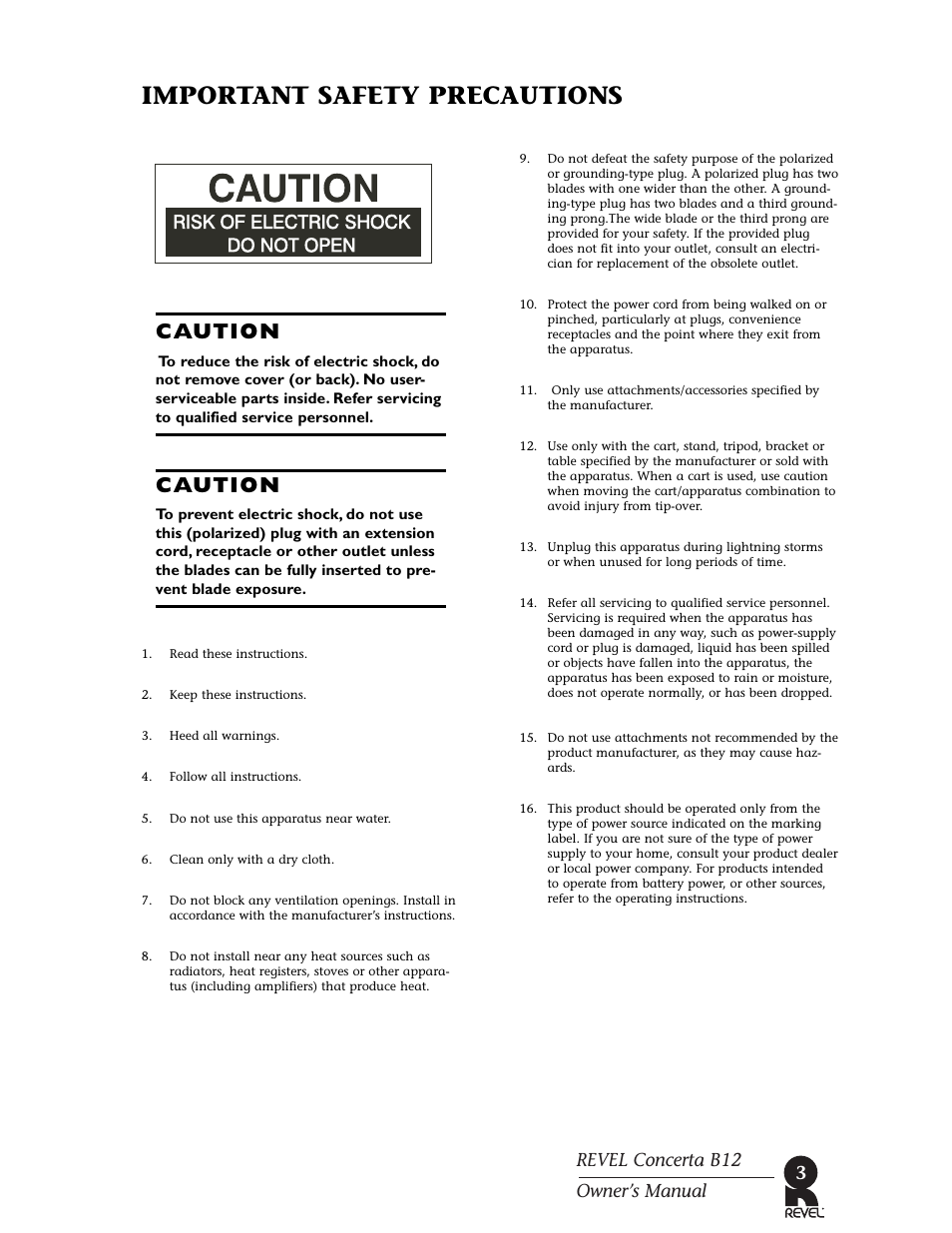 Important safety precautions, Caution, Revel concerta b12 owner’s manual 3 | Revel B12 User Manual | Page 3 / 28