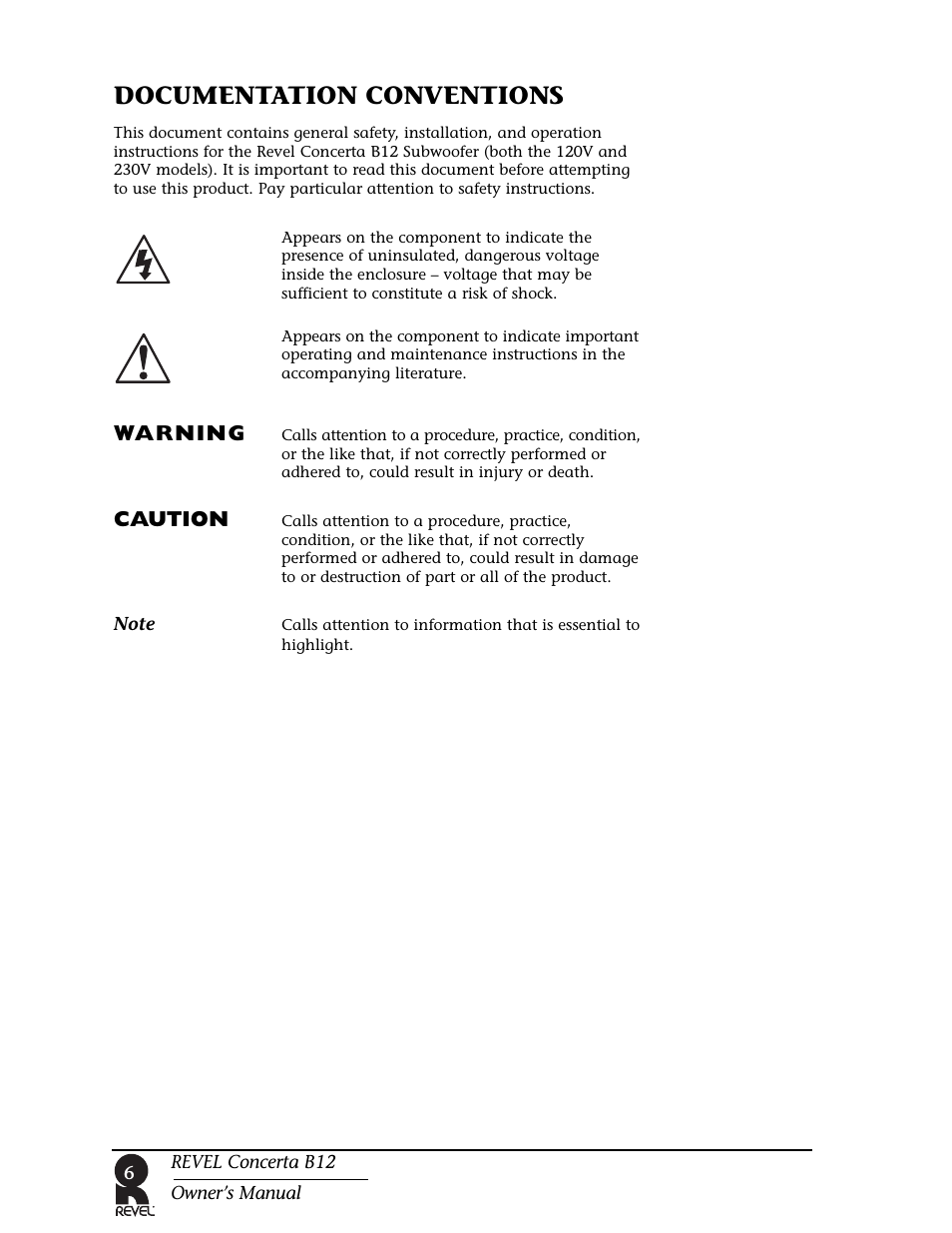 Documentation conventions, Warning, Caution | Revel B12 User Manual | Page 6 / 28