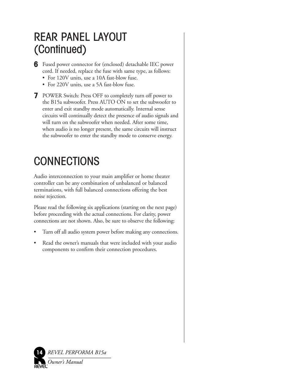 Rear panel layout (continued), Connections | Revel B15a User Manual | Page 14 / 28