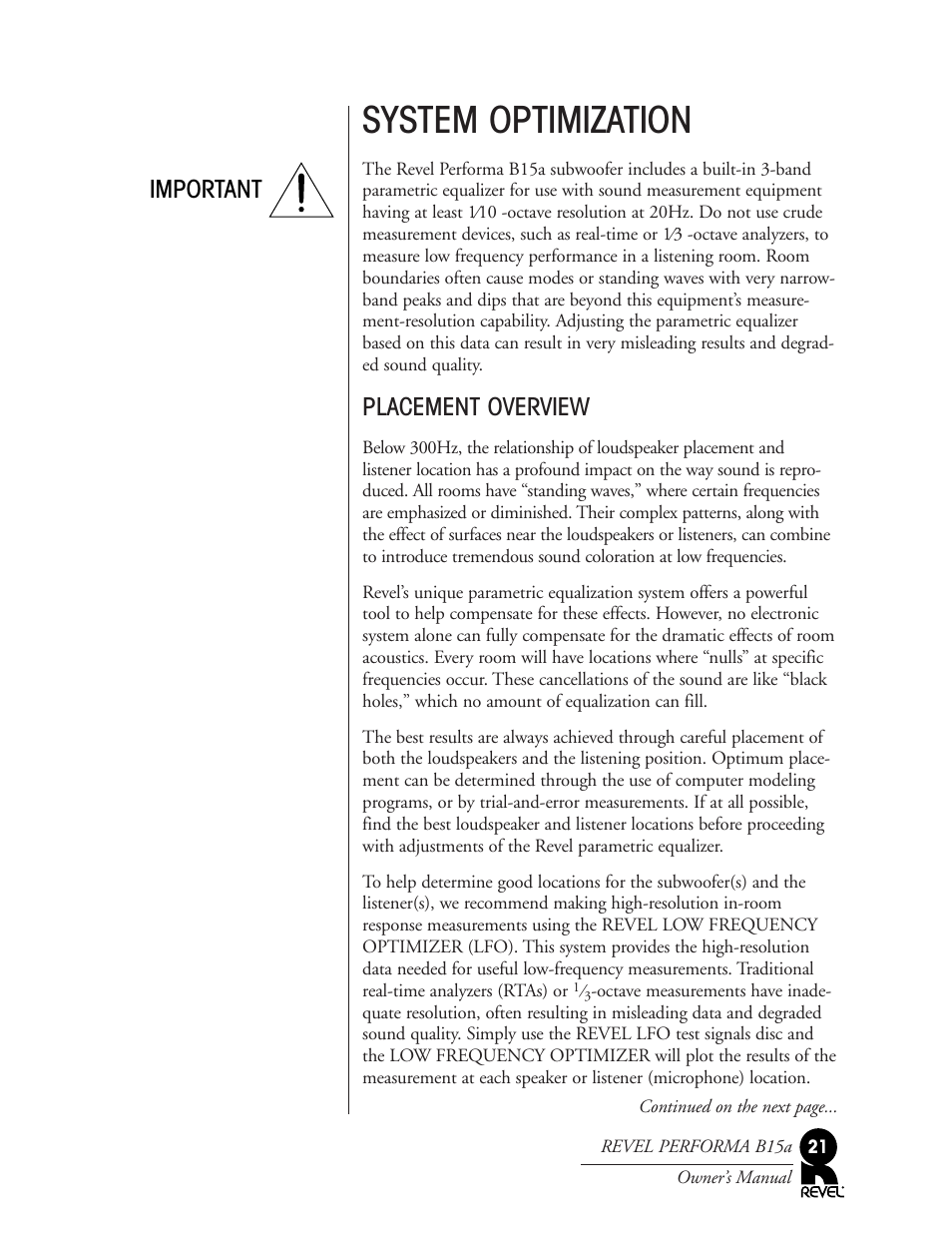System optimization, Placement overview, Important | Revel B15a User Manual | Page 21 / 28