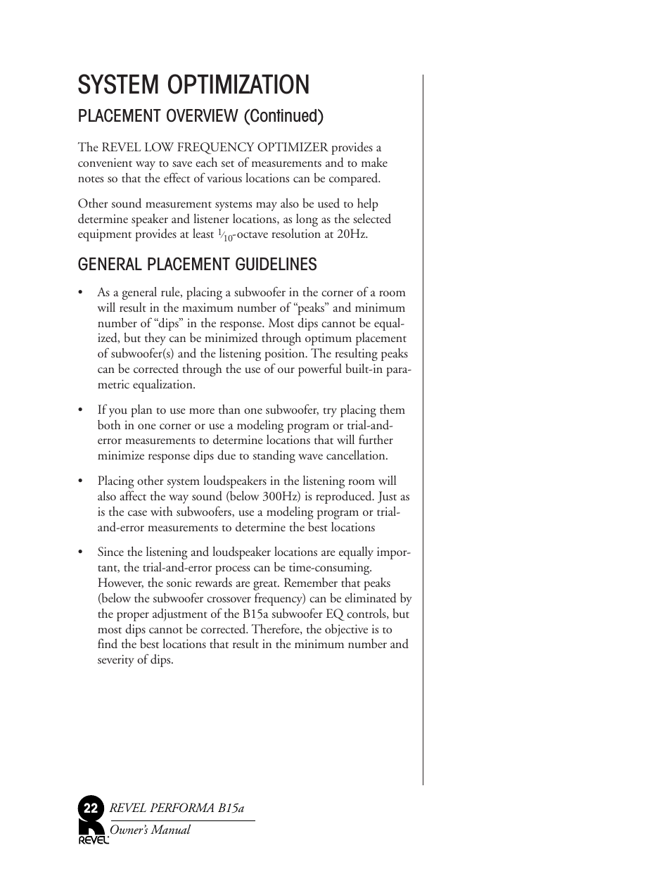 System optimization, Placement overview (continued), General placement guidelines | Revel B15a User Manual | Page 22 / 28