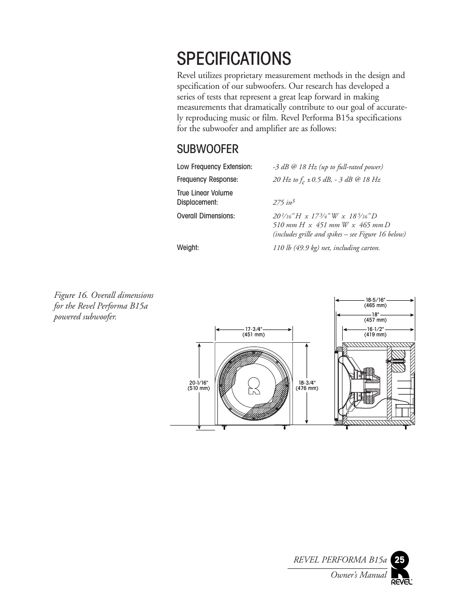 Specifications, Subwoofer, Revel performa b15a owner’s manual 25 | Revel B15a User Manual | Page 25 / 28