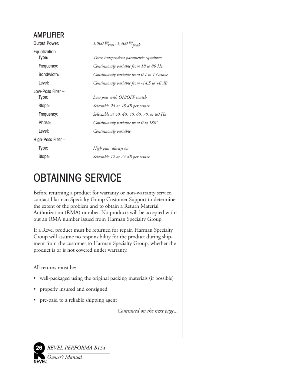 Obtaining service, Amplifier | Revel B15a User Manual | Page 26 / 28