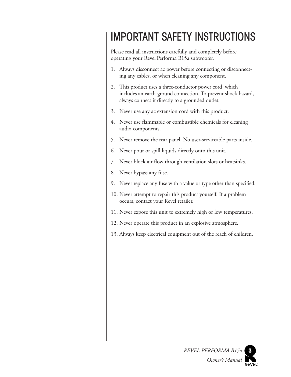 Important safety instructions | Revel B15a User Manual | Page 3 / 28