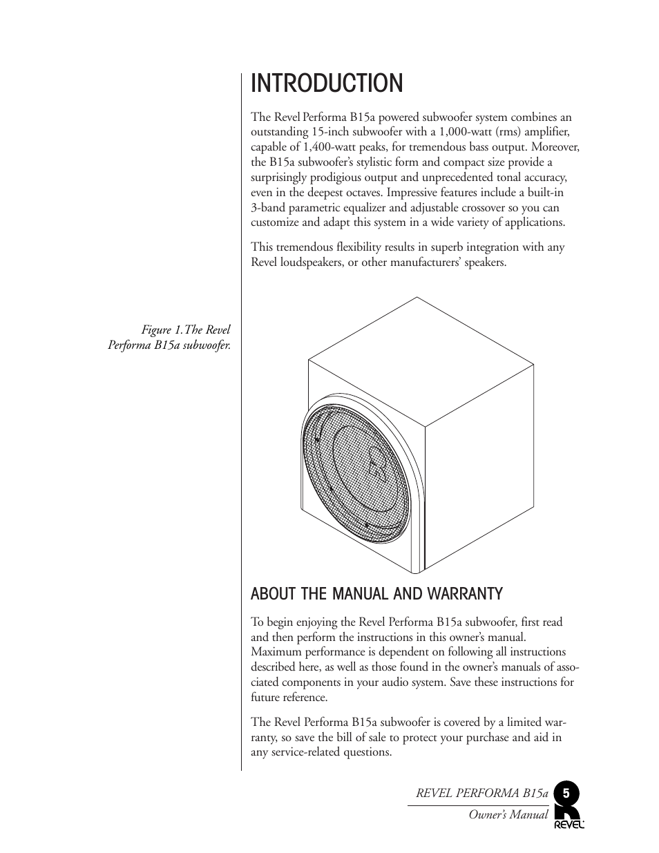 Introduction, About the manual and warranty | Revel B15a User Manual | Page 5 / 28