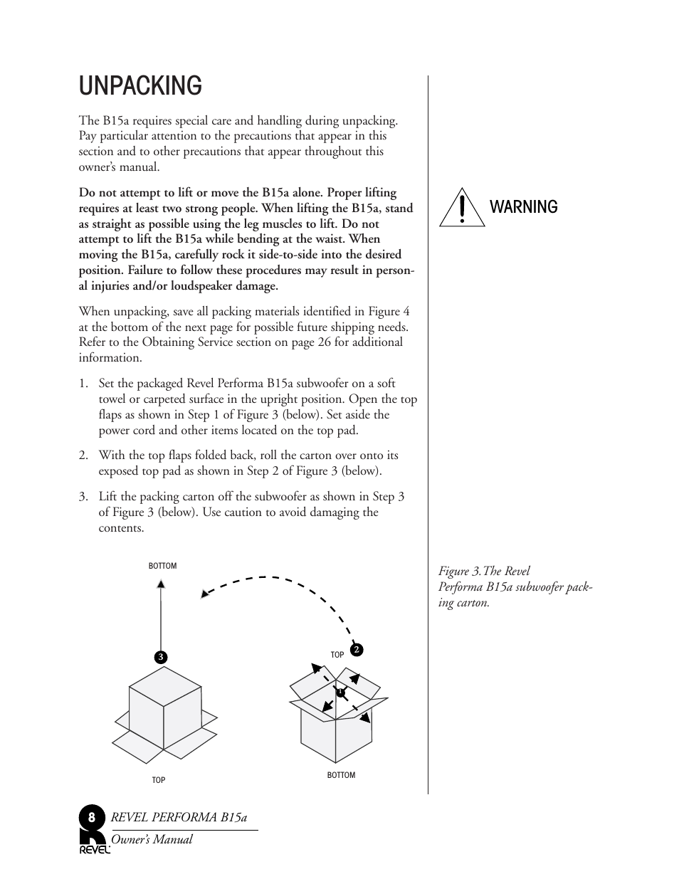Unpacking, Warning | Revel B15a User Manual | Page 8 / 28