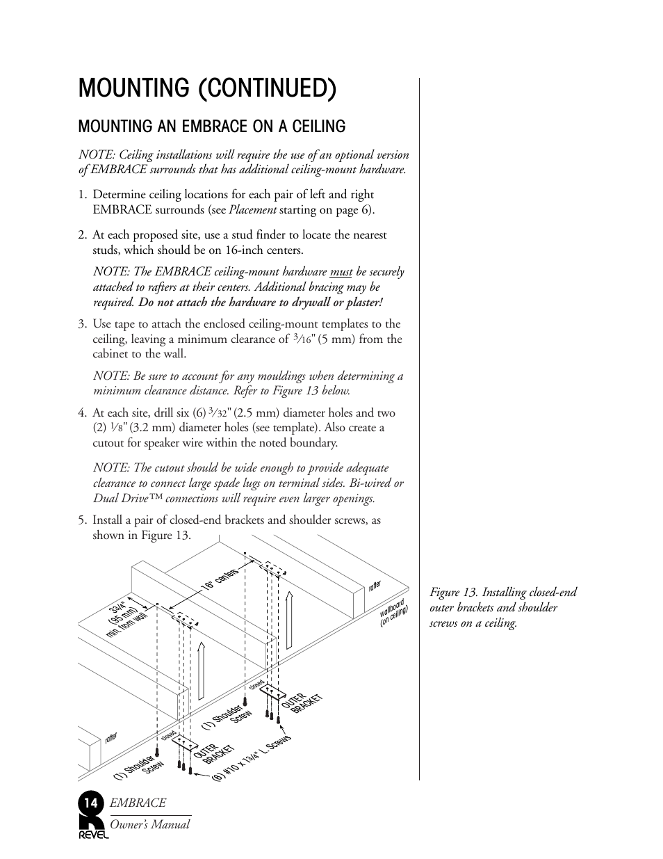 Mounting (continued), Mounting an embrace on a ceiling | Revel Embrace User Manual | Page 14 / 24