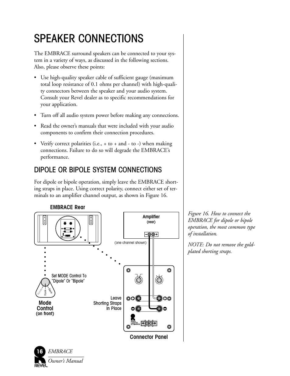 Speaker connections, Dipole or bipole system connections, Mode control | Connector panel | Revel Embrace User Manual | Page 16 / 24