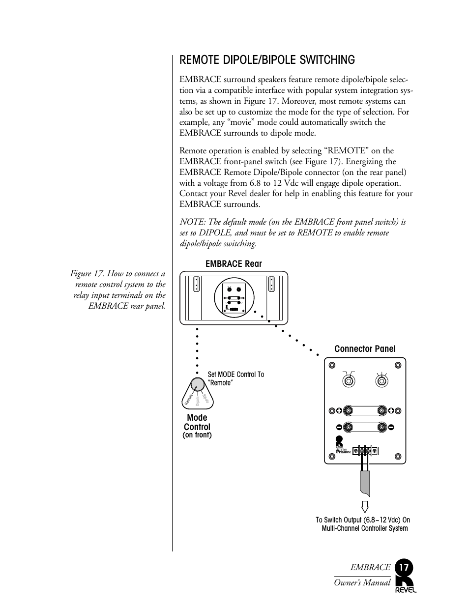 Remote dipole/bipole switching, Mode control, Connector panel | Revel Embrace User Manual | Page 17 / 24