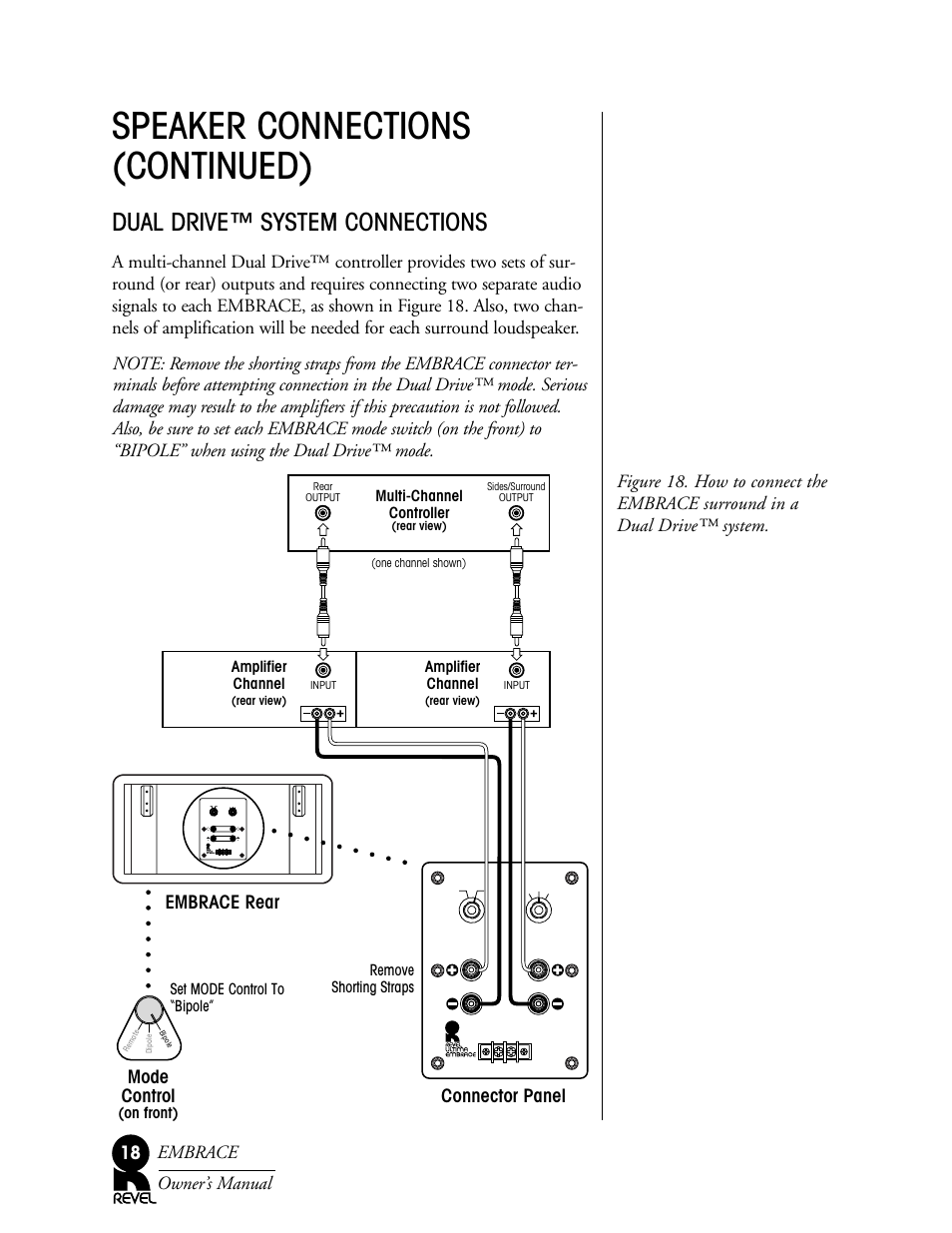 Speaker connections (continued), Dual drive™ system connections, Mode control | Connector panel | Revel Embrace User Manual | Page 18 / 24