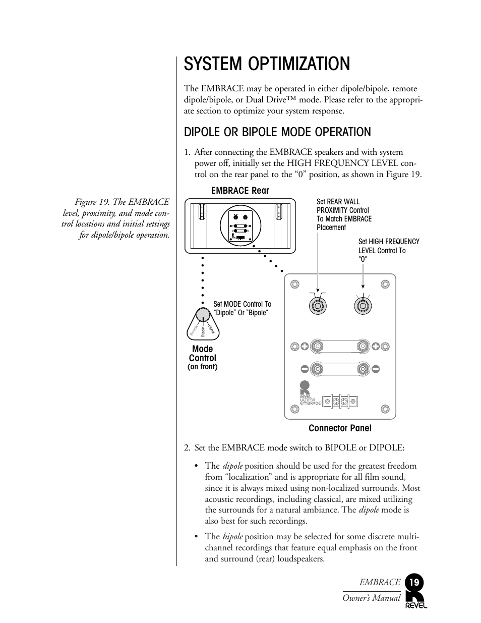 System optimization, Dipole or bipole mode operation, Mode control | Connector panel | Revel Embrace User Manual | Page 19 / 24