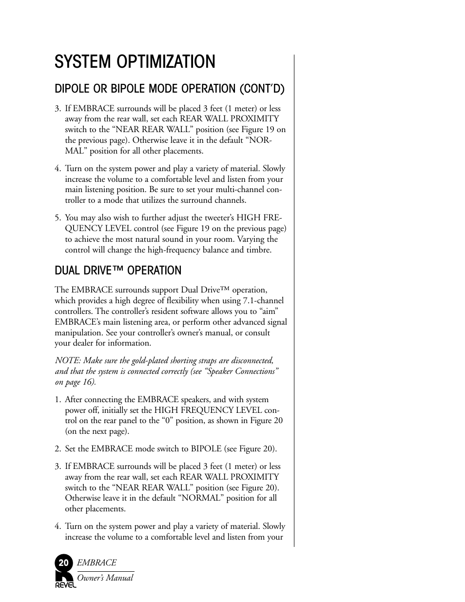 System optimization, Dipole or bipole mode operation (cont’d), Dual drive™ operation | Revel Embrace User Manual | Page 20 / 24