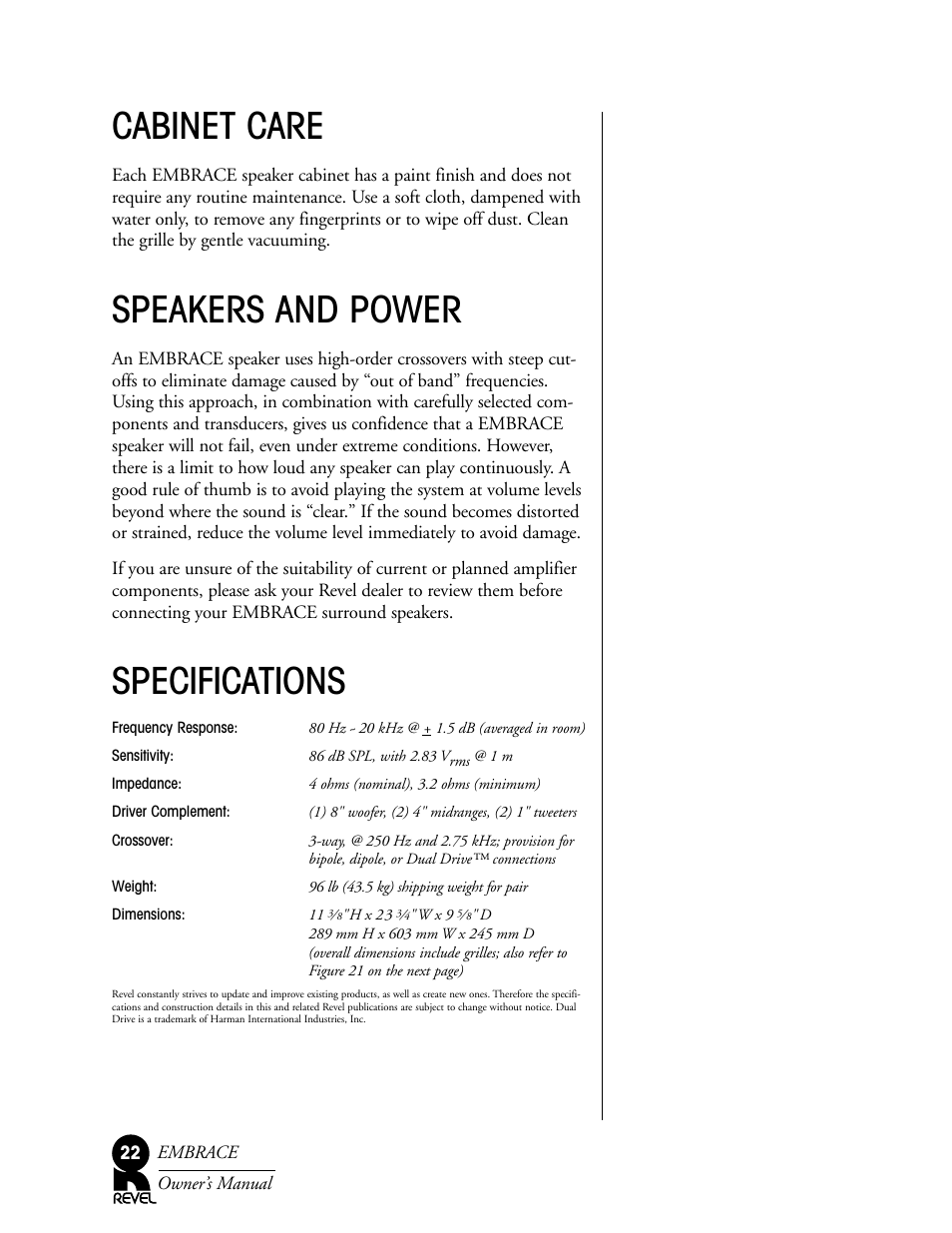 Cabinet care, Speakers and power, Specifications | Revel Embrace User Manual | Page 22 / 24