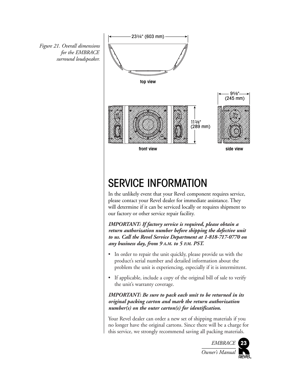 Service information | Revel Embrace User Manual | Page 23 / 24
