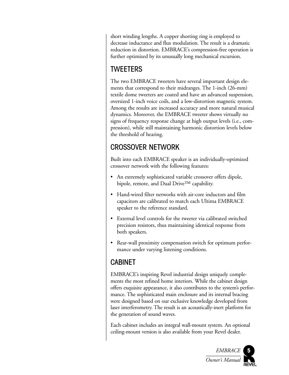 Tweeters, Crossover network, Cabinet | Revel Embrace User Manual | Page 5 / 24