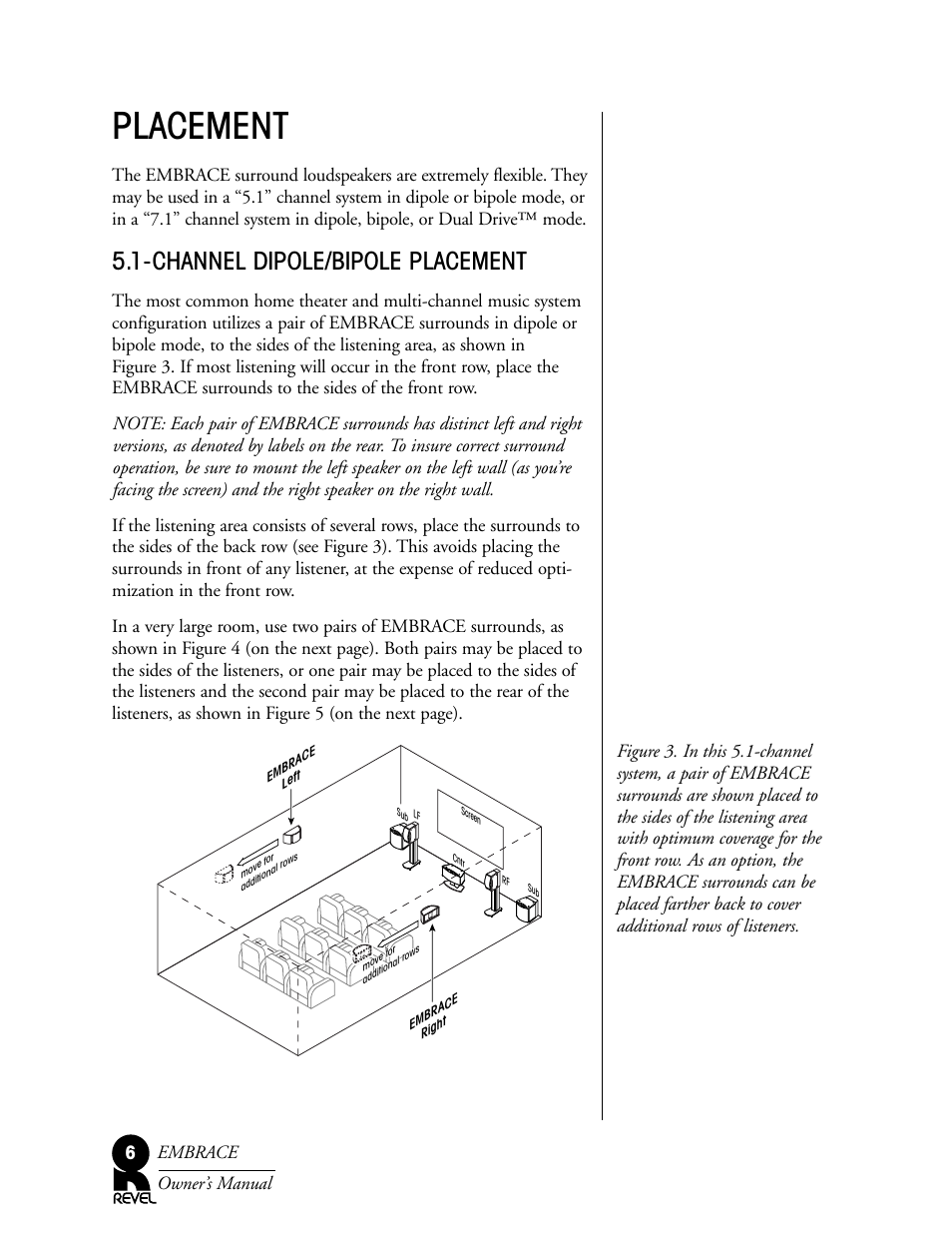Placement, Channel dipole/bipole placement | Revel Embrace User Manual | Page 6 / 24