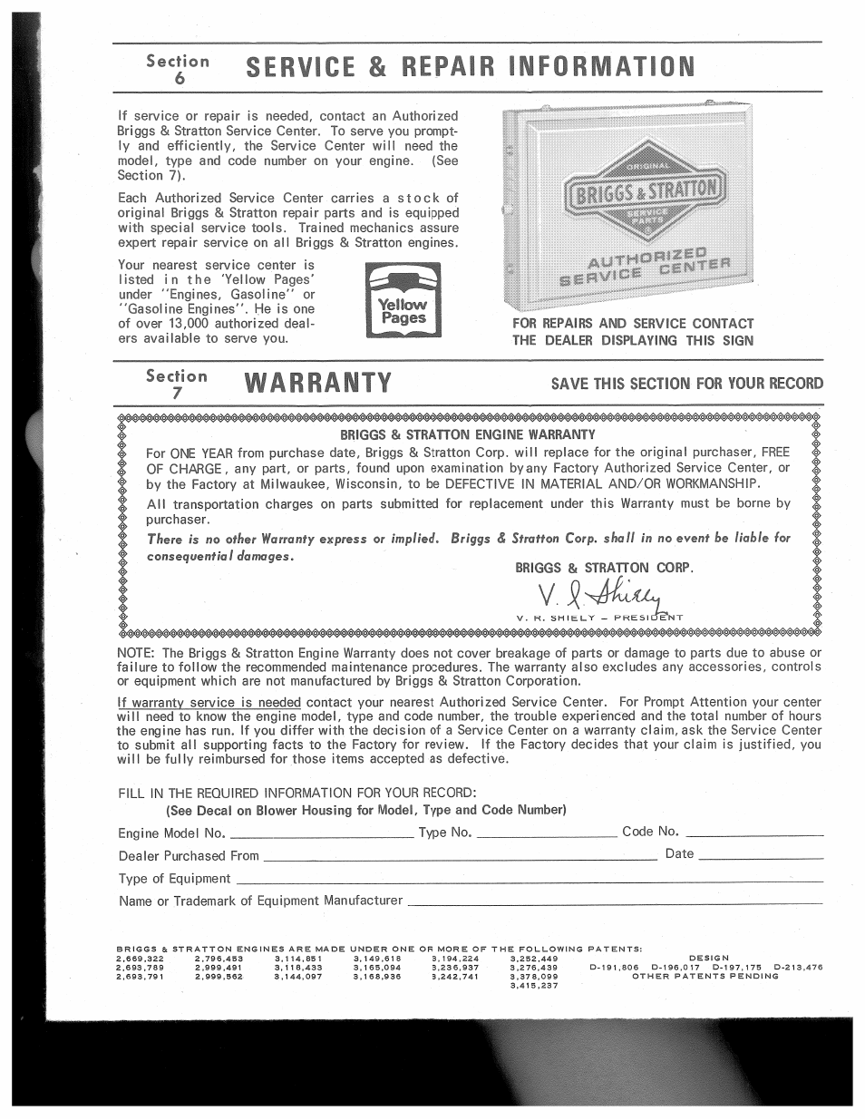 Save this section for your rec, Service & repair information, Warranty | Yellow pages | Briggs & Stratton 243434 User Manual | Page 6 / 6