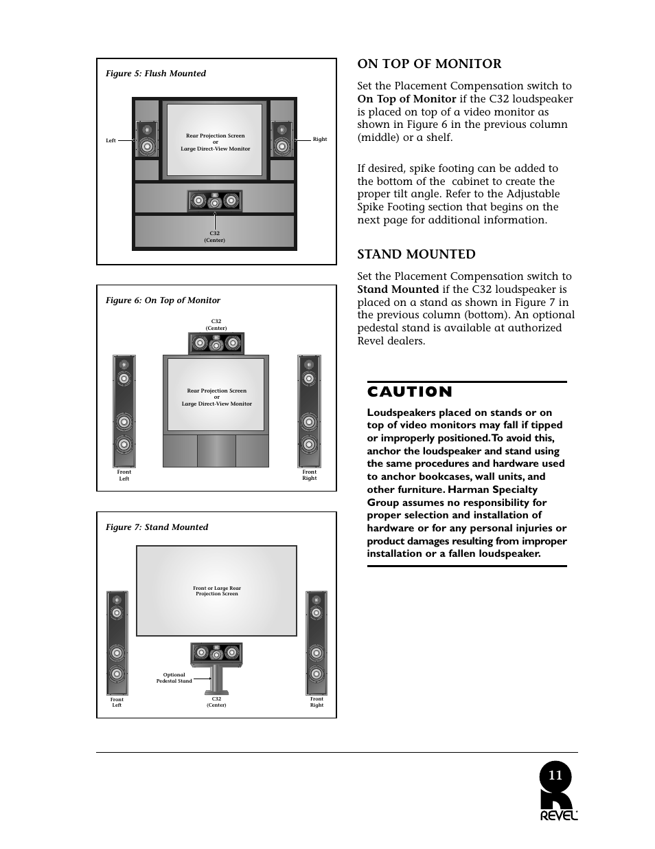 Caution, 11 on top of monitor, Stand mounted | Revel C32 User Manual | Page 11 / 24
