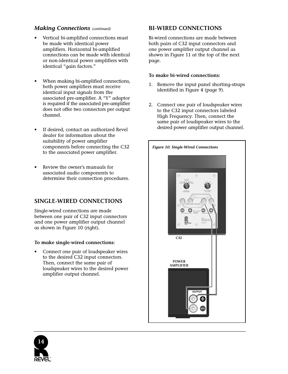 14 making connections, Single-wired connections, Bi-wired connections | Revel C32 User Manual | Page 14 / 24