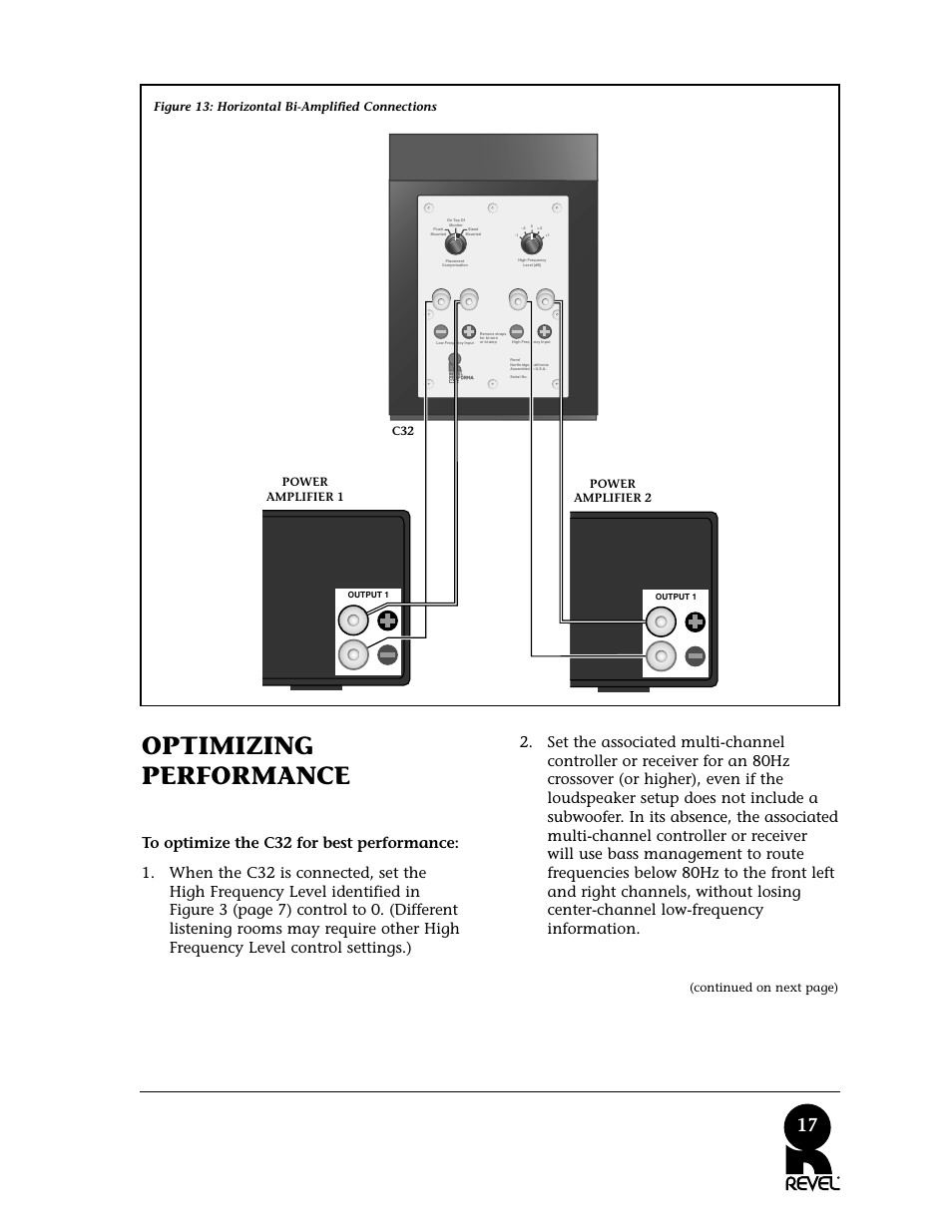 Optimizing performance, Continued on next page), Figure 13: horizontal bi-amplified connections | Revel C32 User Manual | Page 17 / 24