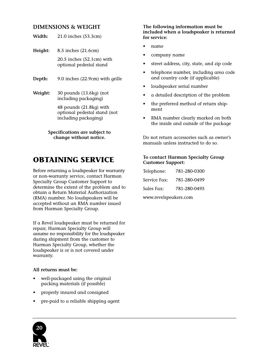 Obtaining service | Revel C32 User Manual | Page 20 / 24