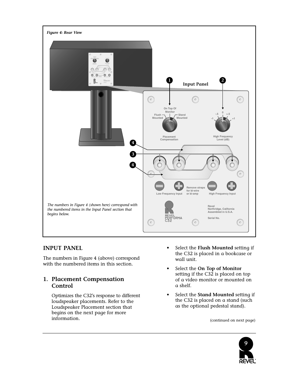 9input panel, Placement compensation control, Continued on next page) | Revel C32 User Manual | Page 9 / 24