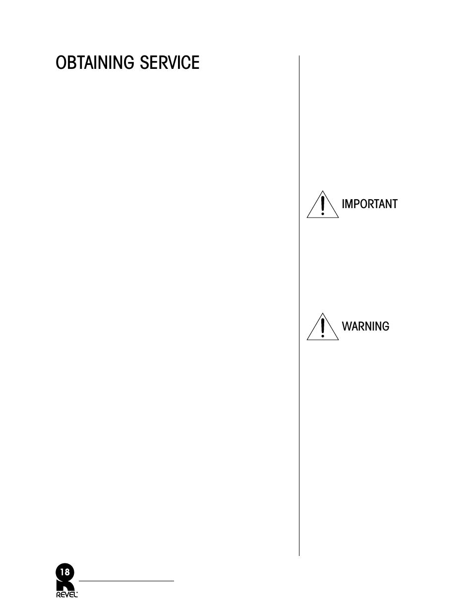 Obtaining service, Warning important | Revel C50 User Manual | Page 18 / 24
